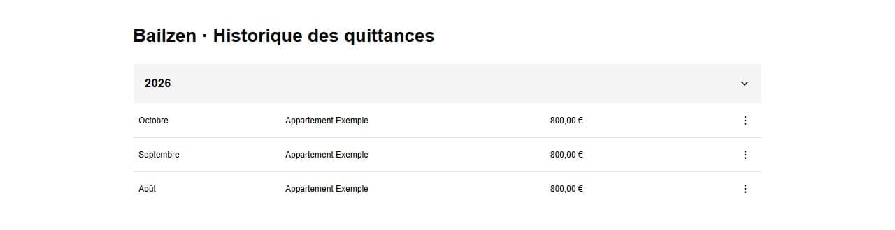 Historique des quittances dans Bailzen, exemple avec données fictives